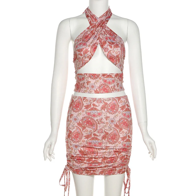 

Womens Tow Piece Set Backless Bandage Hollow Out Tops Elastic Waist Drawstring Sheath Skirts Floral Print Sexy Fashion Outfits