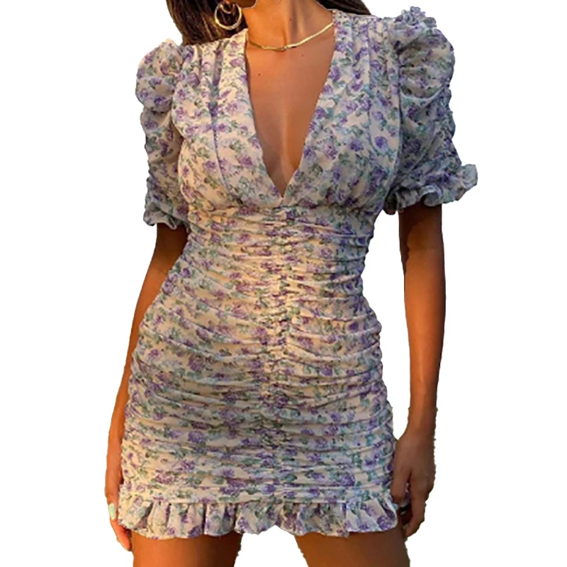 

2021 Summer Fashion New V-neck Auric Skirt Temperament Pleated Wrap Dress Female Short Prom Harujuku Dress