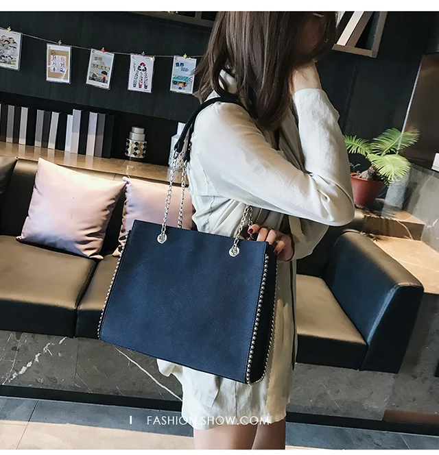 1139 blue large Новое поступление, однотонные женские коричневые Ручные Сумки из искусственной кожи, женские черные сумочки на цепочке, Женские повседневные сумки с большими заклепками, женские сумки-тоут - Цвет: 1139 blue large