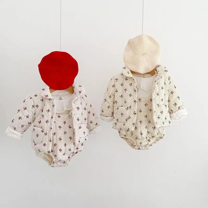 

Fashion Flower Print Baby Girl Winter Clothing Suit Kids Warm Coat Soft Cotton Infant Bodysuit Newborn Winter Windproof Outwear