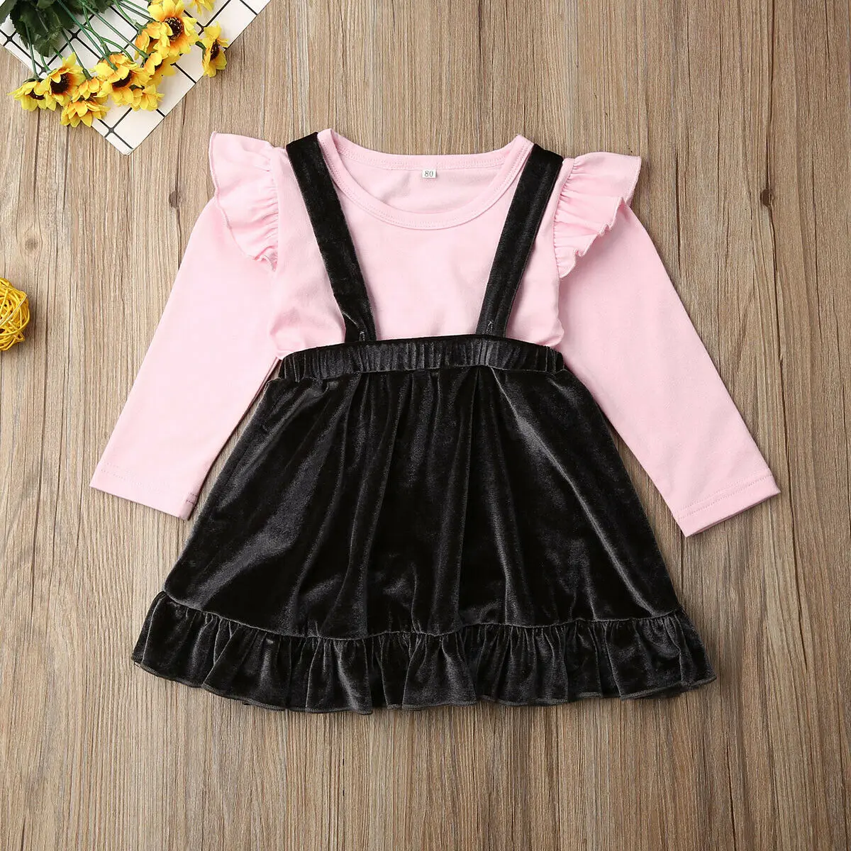 2 предмета Детские топы для маленьких девочек футболка + бархатная юбка на