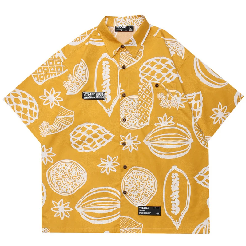

Men Oversize Hawaii Short Sleeve Shirts Full Fruit Print Turn-Down Collar Polo Shirt 2022Summer Unisex Hiphop Male Tropical Tops