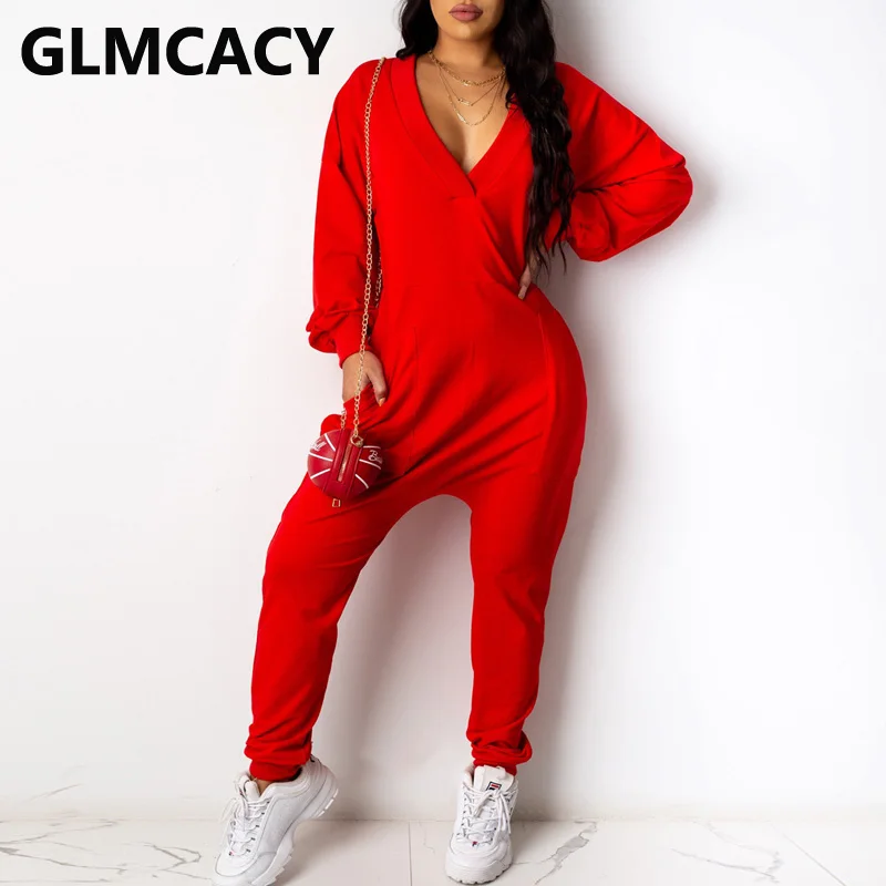 

Женский однотонный комбинезон с длинным рукавом и V-образным вырезом