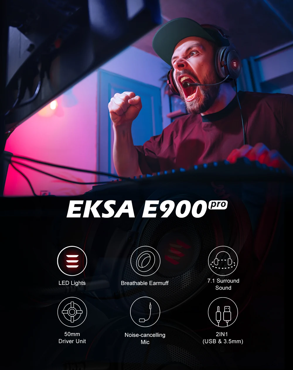 Игровая гарнитура EKSA E900-Pro Virtual 7 1 Накладные наушники с глубокими басами и