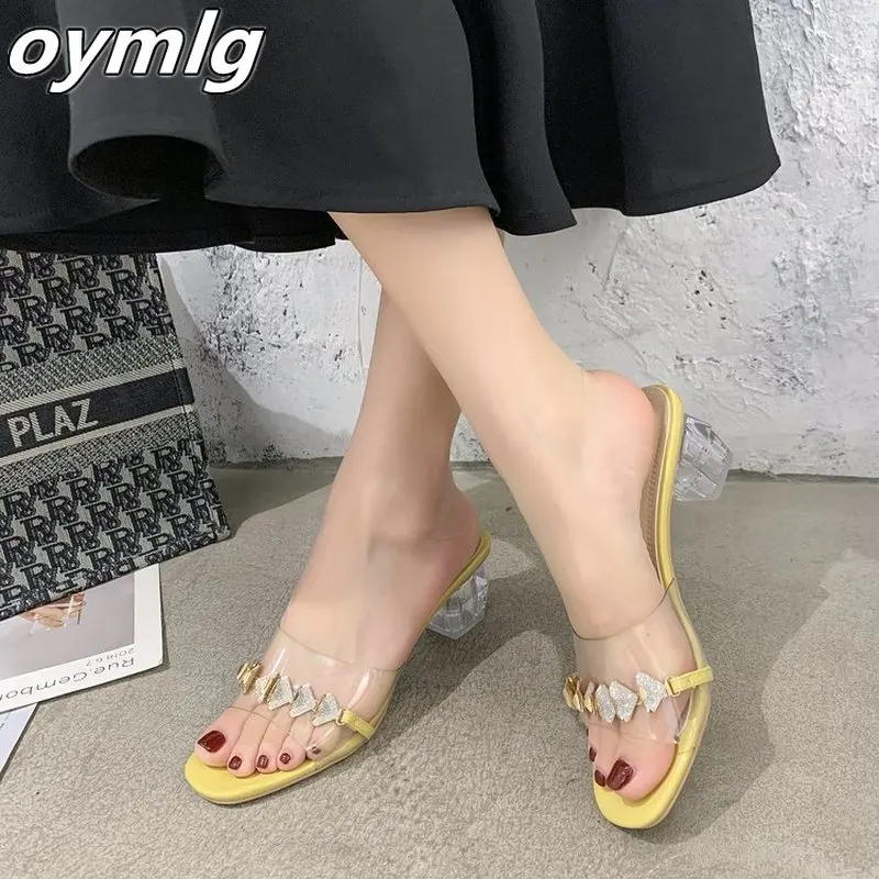 Шлепанцы женские прозрачные на квадратном каблуке Мягкие без задника