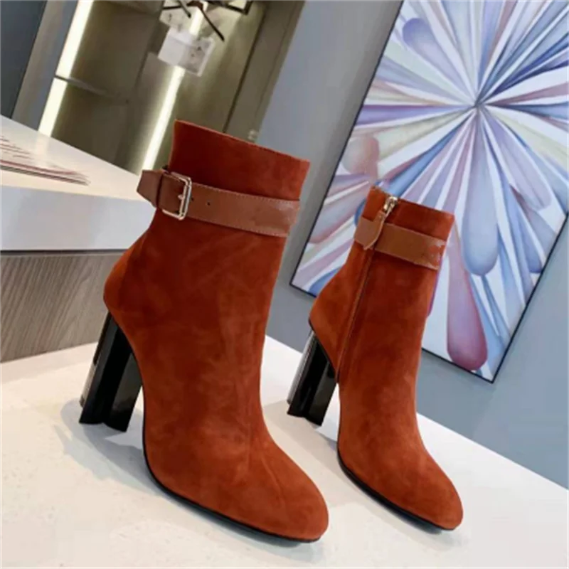 

Chelsea Boots Buckle Bottine Femme Suede Solid Bottes Ankle High Quality Female Shoes Luxury Brand Designer Botas De Mujer