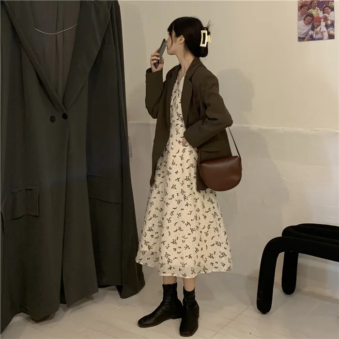 

High Quality Chiffon Long Dress Maxi Spring Robe Floral 2021 Boho for Girl One Piece Women Long Sleeve Clothing Female Beige
