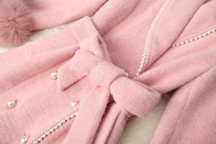 

European and American women's wear 2020 winter new style Long - sleeved double - breasted bead Fashion pink imitation sable coat