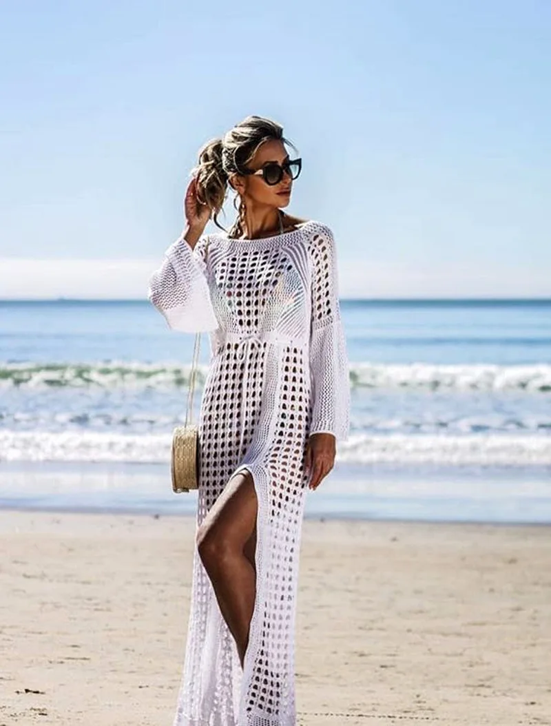 

2021 Knitted Beach Dress Beach Cover Up Crochet Tunic Beach Pareo Beach Praia Cover Salida De Playa Beachwear Cover Up