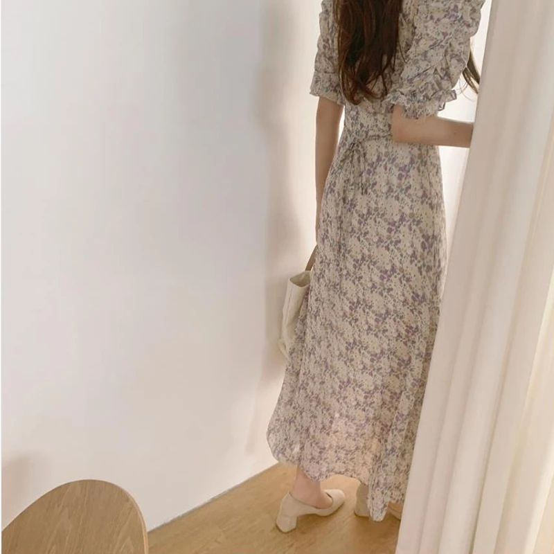 

Vintage Floral Printing Women Summer Chiffon Dress 2021 Fashion Casual Elegant Short Sleeve Split Boho Beach Sundress