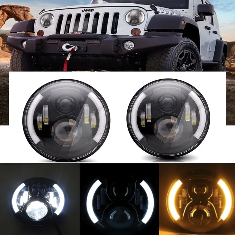 

Pair 7" 7Inch 60W Round LED Headlight with White Amber Halo Ring for Jeep Wrangler JK TJ LJ CJ for Land Rover Defender Hummer