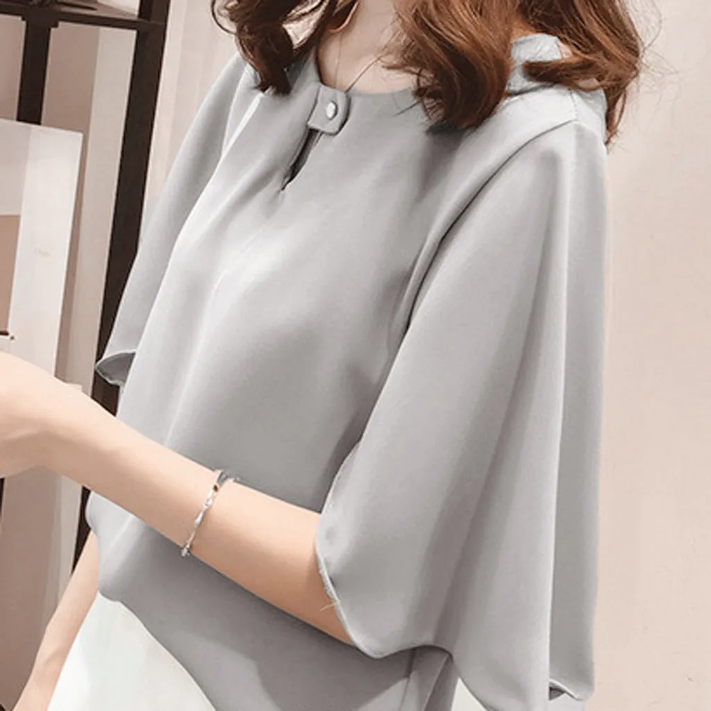 Женская шифоновая блузка рубашка с коротким рукавом однотонная Повседневная