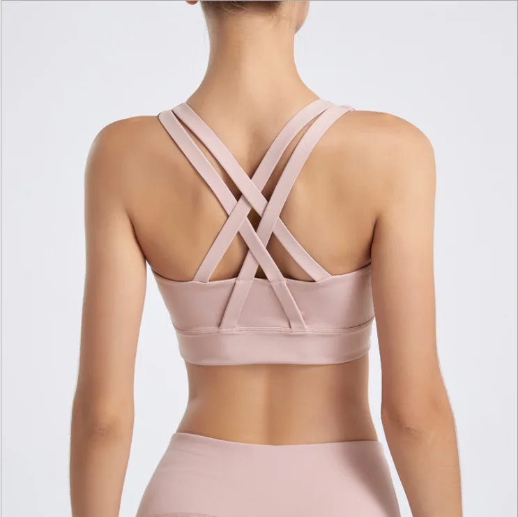 

2021 new Europe and the United States naked yoga sports vest women cross back fitness wear shockproof gathering bra