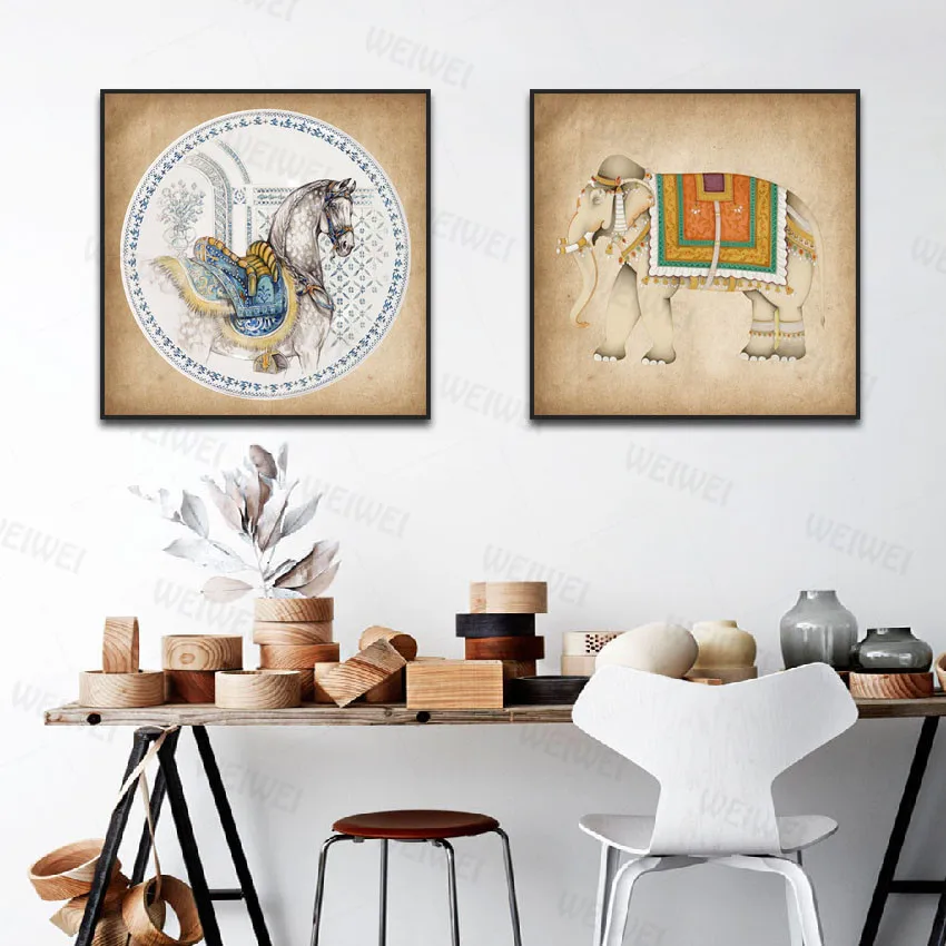 

European Retro Abstract Ethnic Elephant Vase Set Canvas Painting Wall Art Poster and Print Living Room Decor