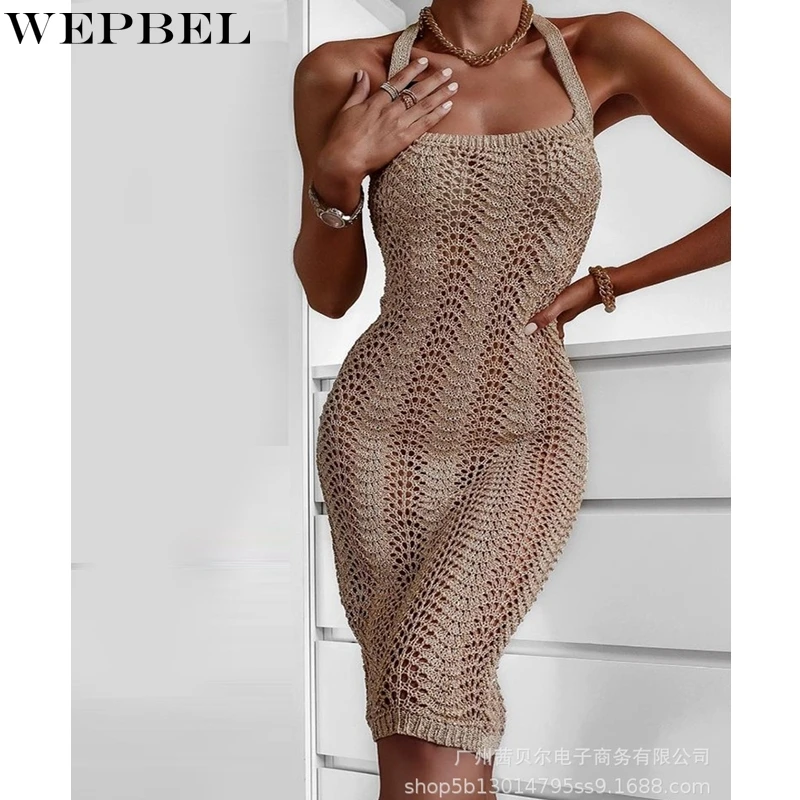 

WEPBEL Casual Solid Color Dress Women's Lace Hollow Out Slim Dress Summer Sexy Halter Lace-up Spaghetti Strap Backless Dress