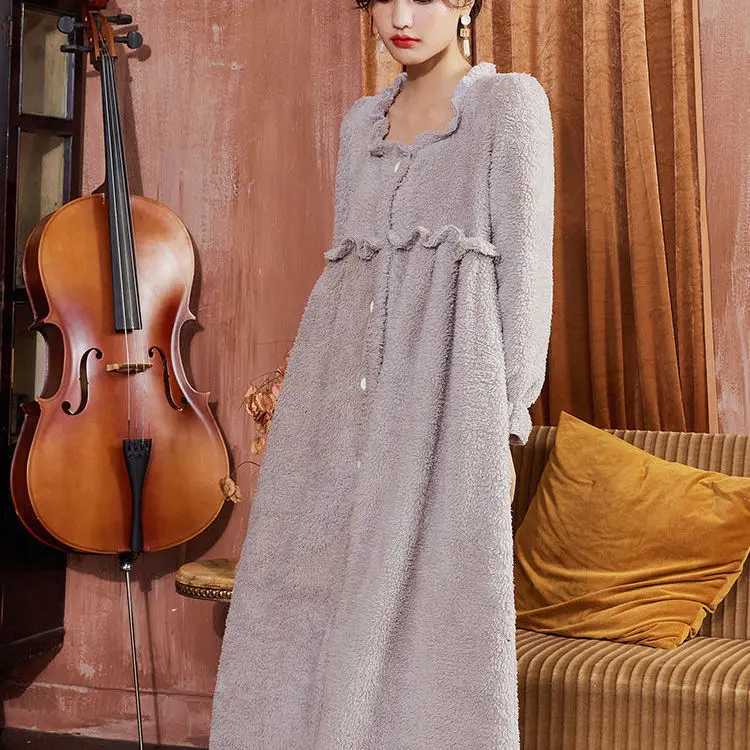 

Coral Velvet Winter Sleepshirts Sexy Gray Solid Nightgown Warm Softy Nightwear Pyjamas Loose Casual Nighty Sleepdress Home Wear