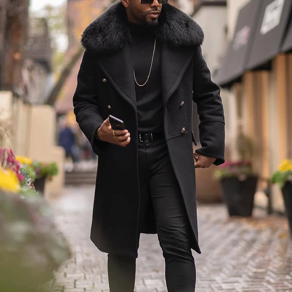 

Long Button Plain Lapel Straight Men's Coat Faux Fur Collar Wool Jacket Overcoat Black New Fashion Oversize Male Casual Outwear