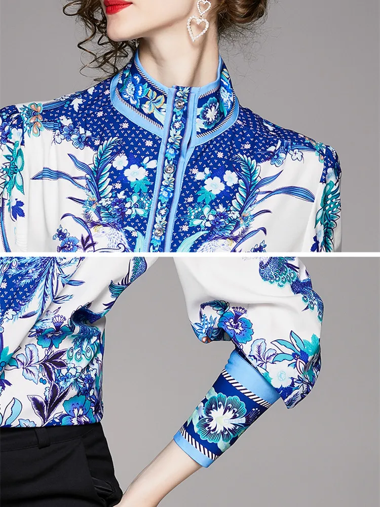 

Stand Collar Puff Long Sleeve Runway Designer Blouse Shirt 2020 Spring Autumn Women Blue Flower Print Elegant Office Ladies Tops