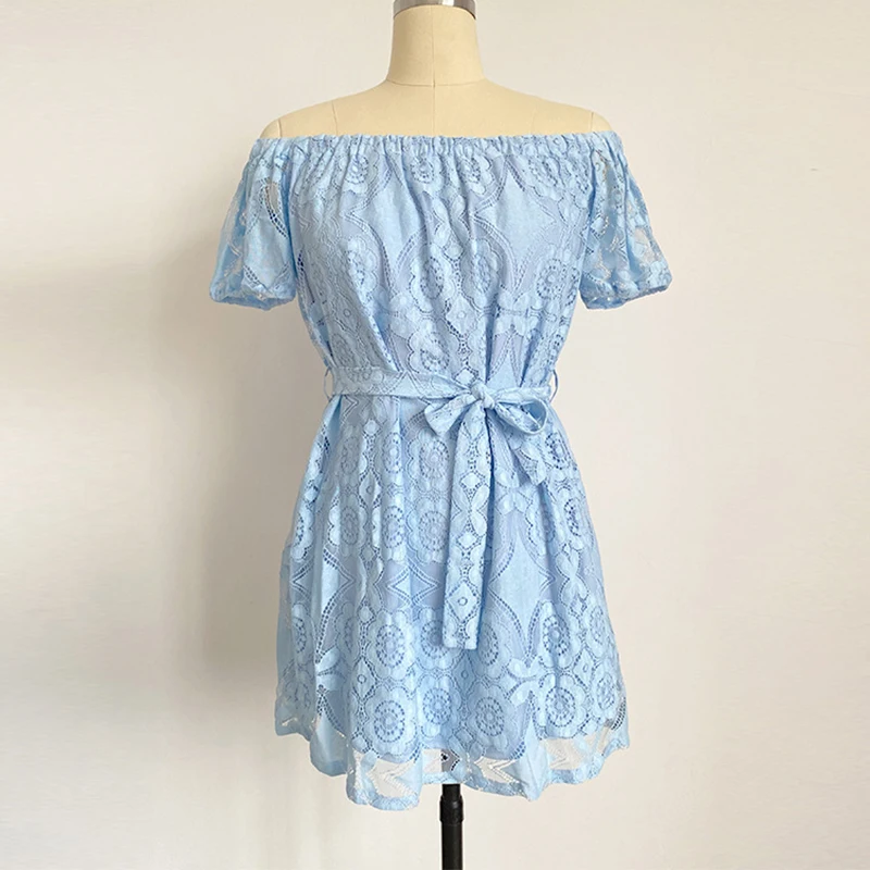 

Women Off Should Lace Sash Mini Dress 2021 Summer Casual Short Sleeve Hollow Out Loose A-Line Lace-Up White Party Dresses