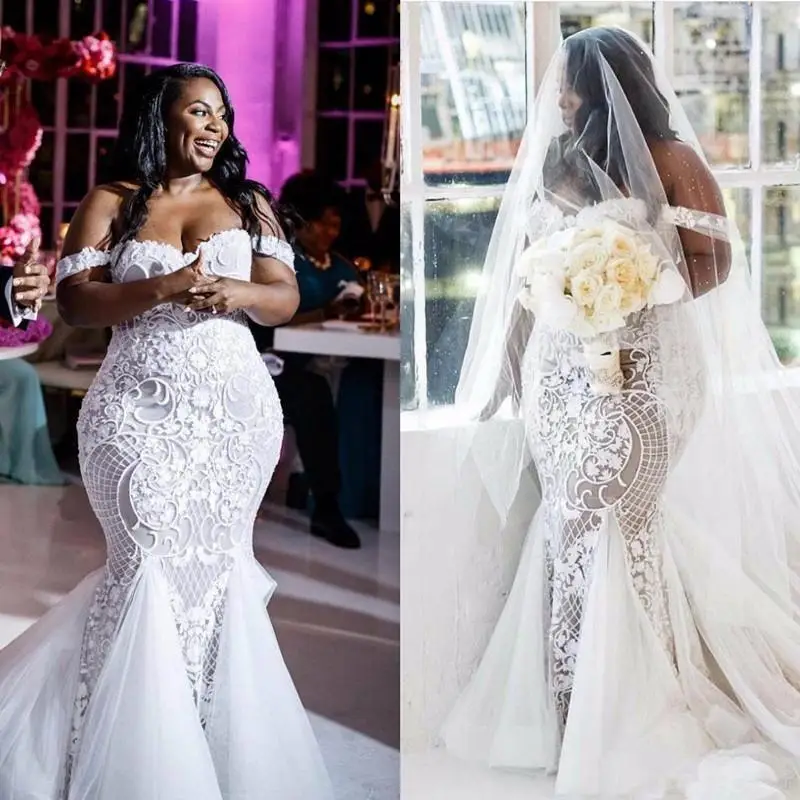 

2021 Plus Size African Mermaid Wedding Dresses Vestido de Noiva Off Shoulder Lace Bridal Gowns Robe De Mariage