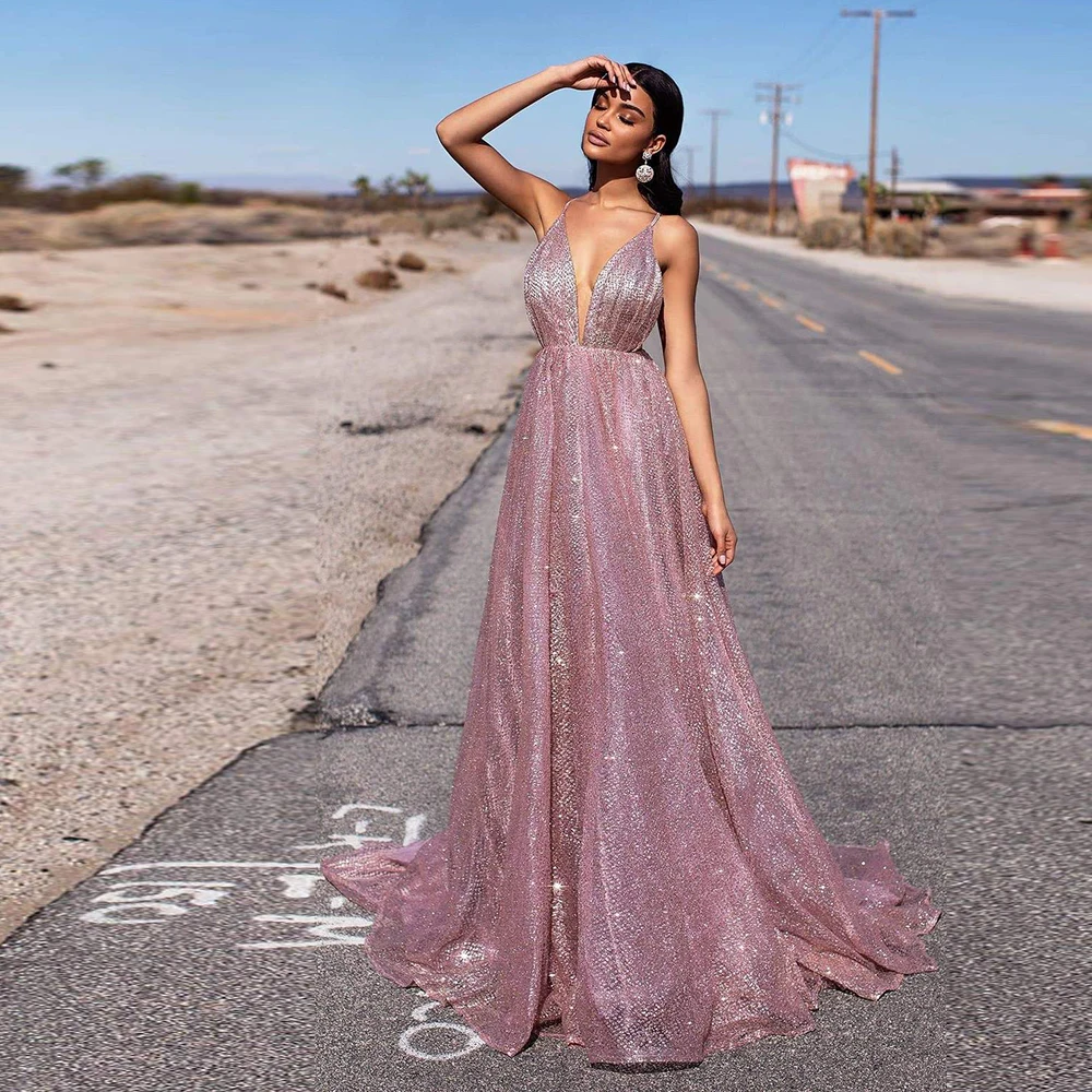 

Sparkly Purple Evening Dresses V Neck Floor Length Thin Straps Tulle Prom Party Gown For Woman Formal Robe De Soriee A Line