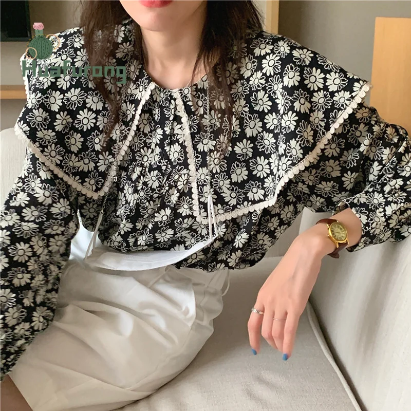 

Корейская шикарная Ретро футболка с цветочным принтом, Свободный Топ с большими лацканами и кружевом, женская рубашка с пышными рукавами