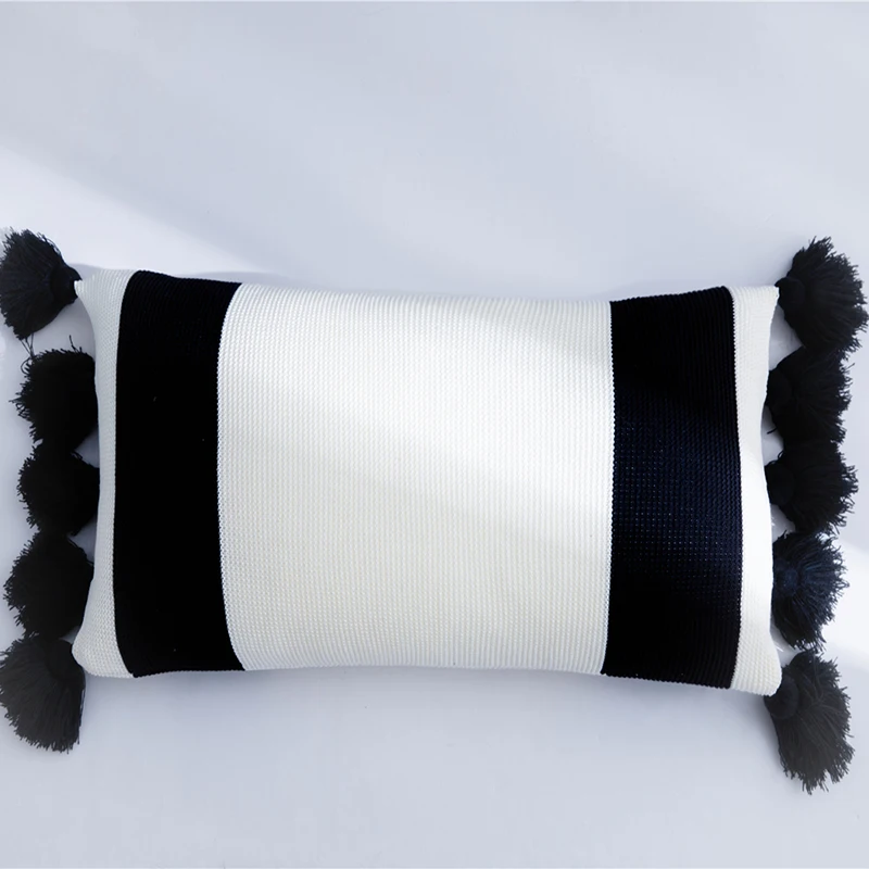 Black B 35x65cm Горчичный чехол для подушки, винтажный квадратный чехол с кисточками, желтый, черный, фиолетовый, белый, в полоску 45 см* 45 см, Мягкий шар для украшения дома - Цвет: Black B 35x65cm