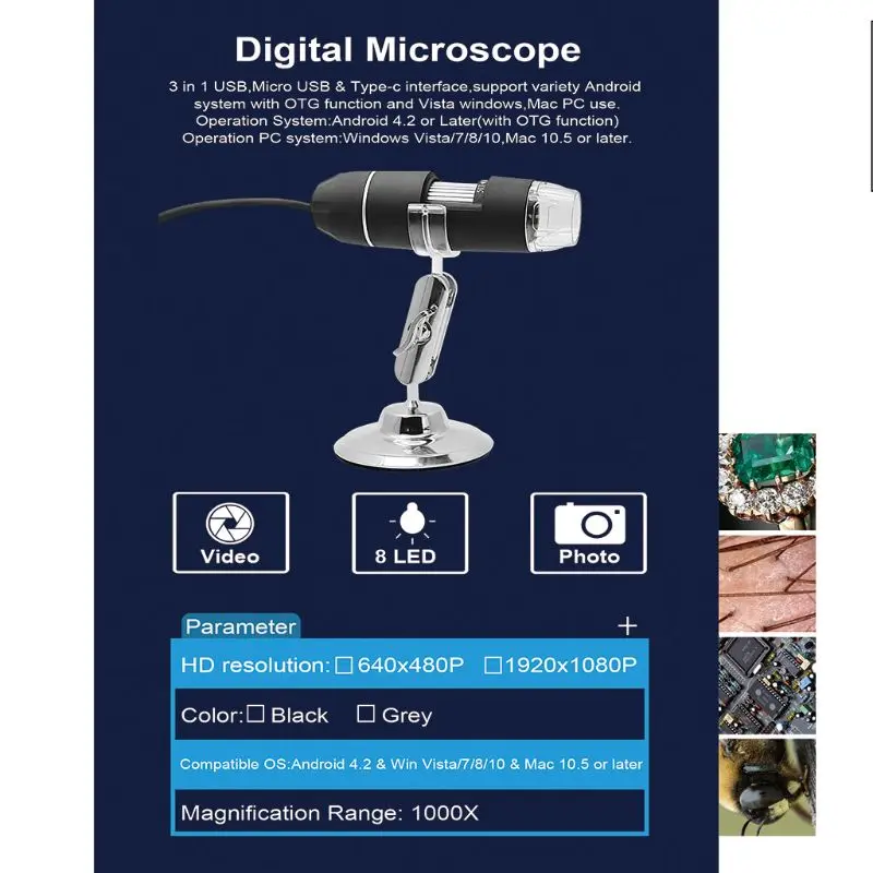 2MP 3в1 USB Type C микро usb 1000X микроскоп камера 1080p видео для смартфона oxx Windows PC