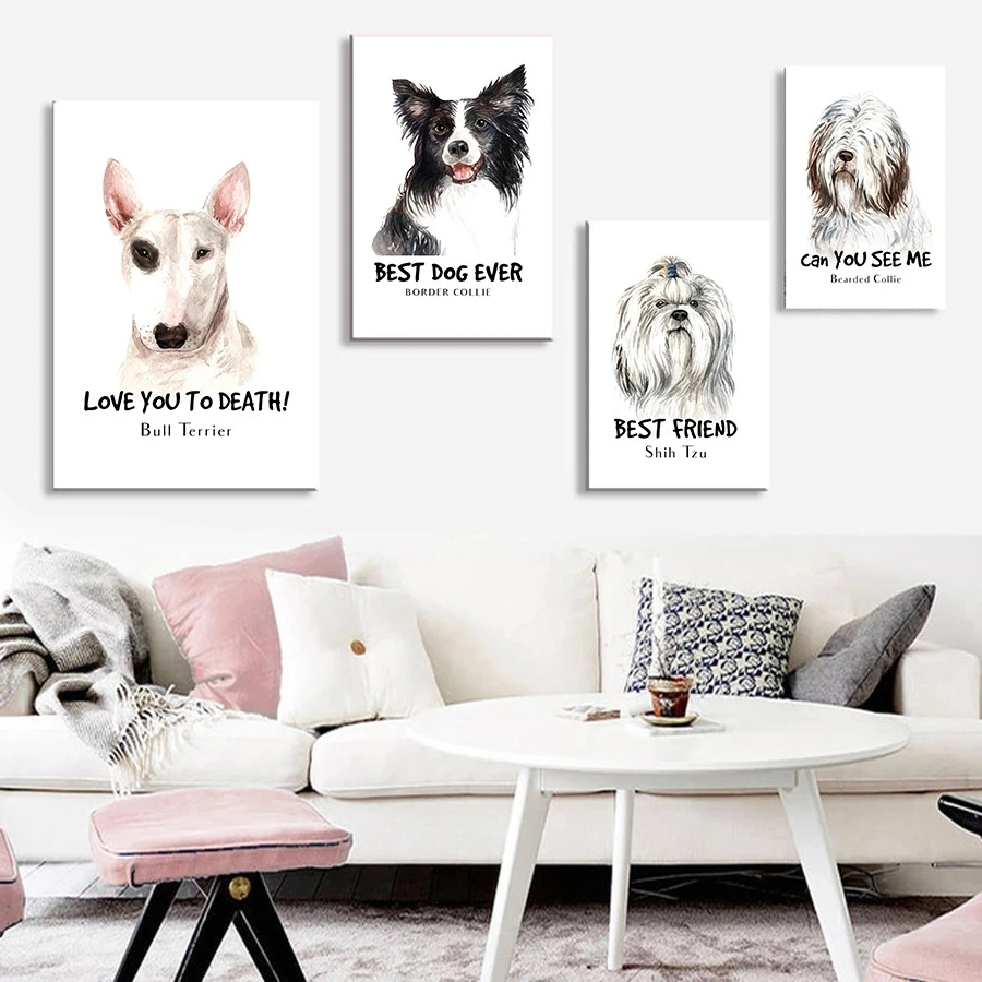 

Cute Adorable Dog Bull Terrier Border Collie Shih Tzu Beared Collie Living Room Sofa Modern Decorative Wall Art Canvas Painting