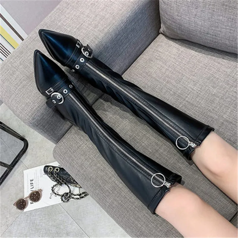 Женские высокие сапоги до колена заостренный носок молния спереди квадратный