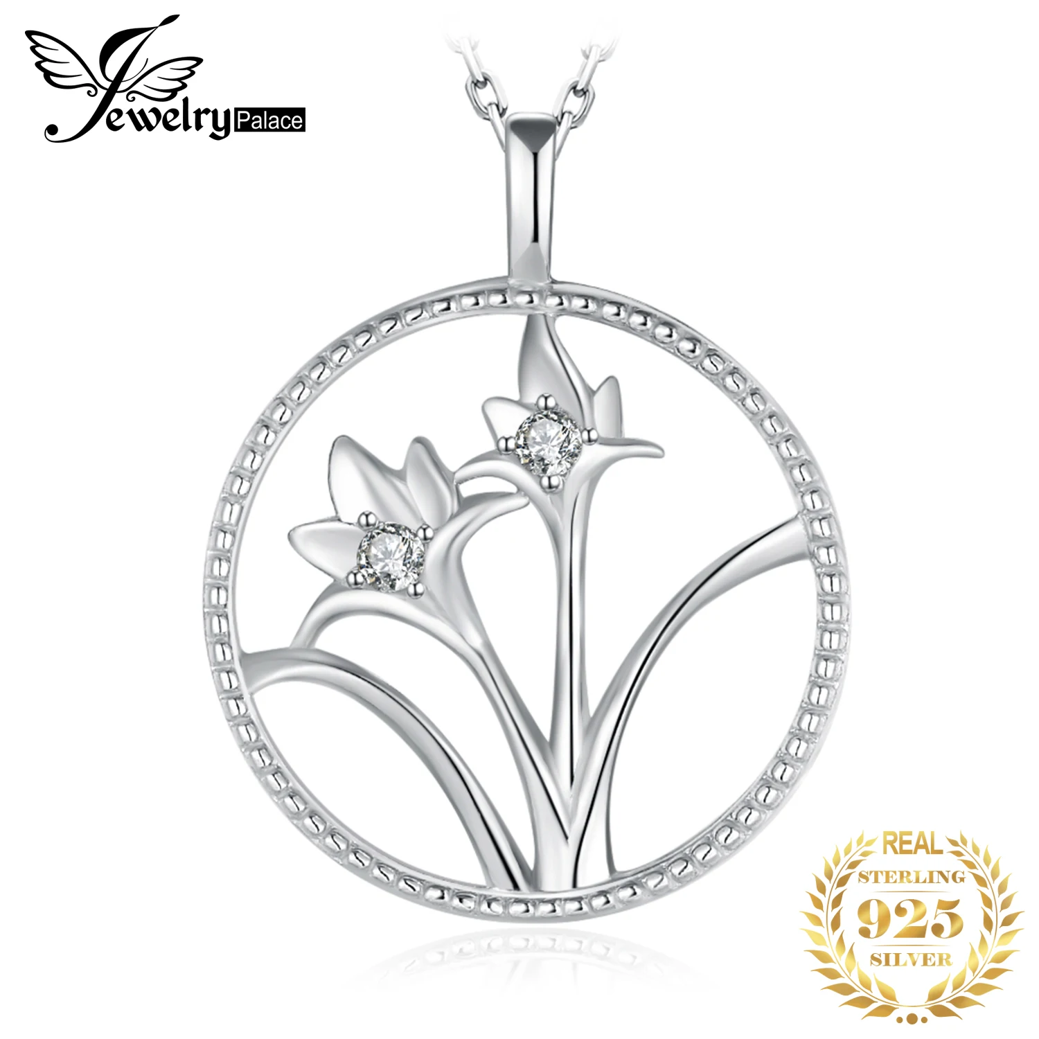 

JewelryPalace Daffodil Flower Round CZ 925 Sterling Silver Pendant Necklace Women Circle Simulated Diamond Pendant No Chain