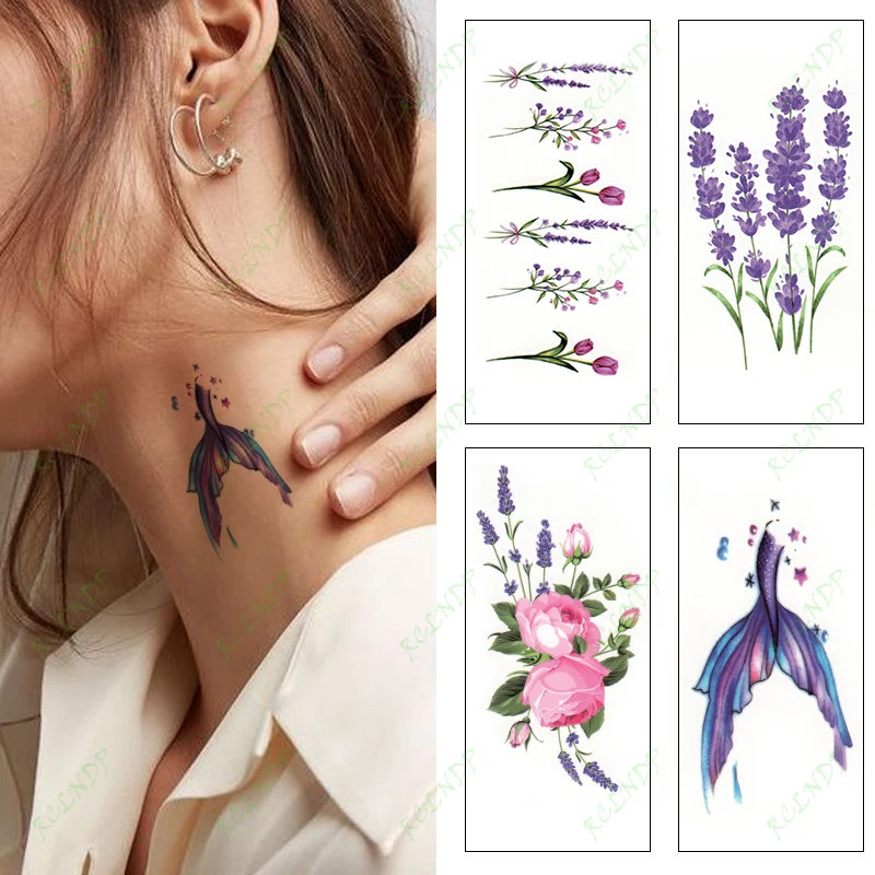 

Водостойкая Временная тату-наклейка, цветок, Кит, хвост, фиолетовая лаванда, флэш-тату, искусственная тату, боди-арт для женщин и мужчин