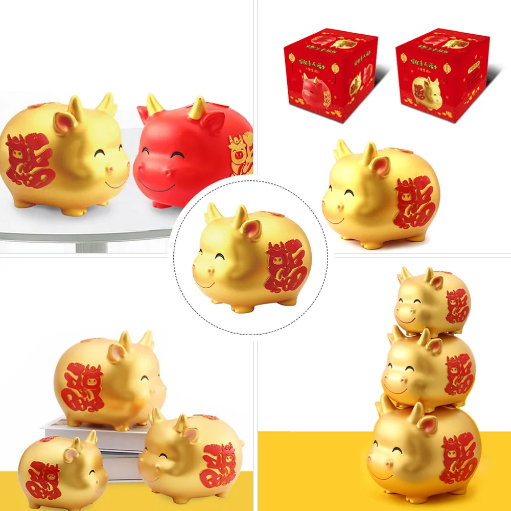 

1 Pc Year of the Ox Money Bank Large Capacity Piggy Pot Mascot Decor (Golden)