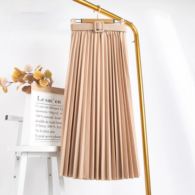 

High Waist Women Skirt Casual Vintage Solid Belted Pleated Midi Skirts Lady 11 Colors Fashion Simple Saia Mujer Faldas 2021