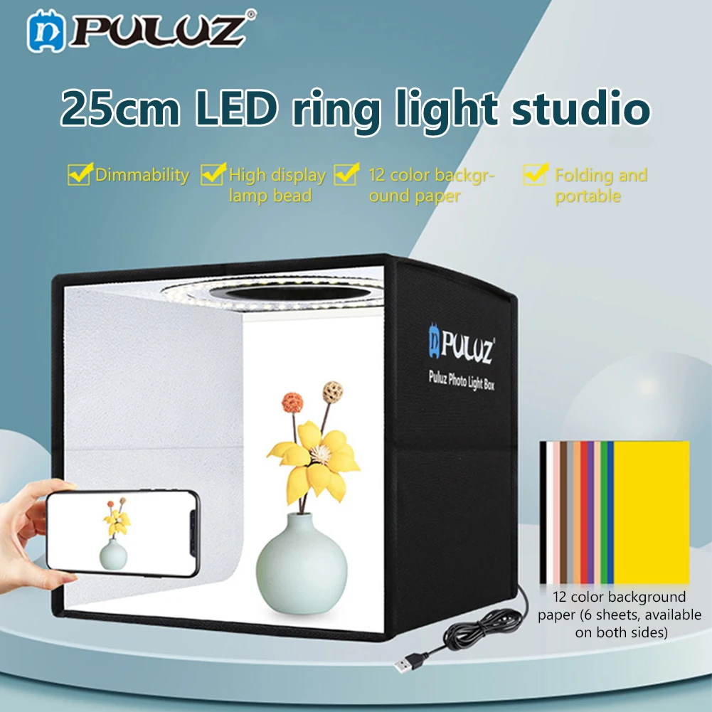 

PULUZ 25cm Photo Studio Light Box with 12 Colors Background Mini Tabletop Lightbox Photography Soft Shooting Tent Box Ring Light