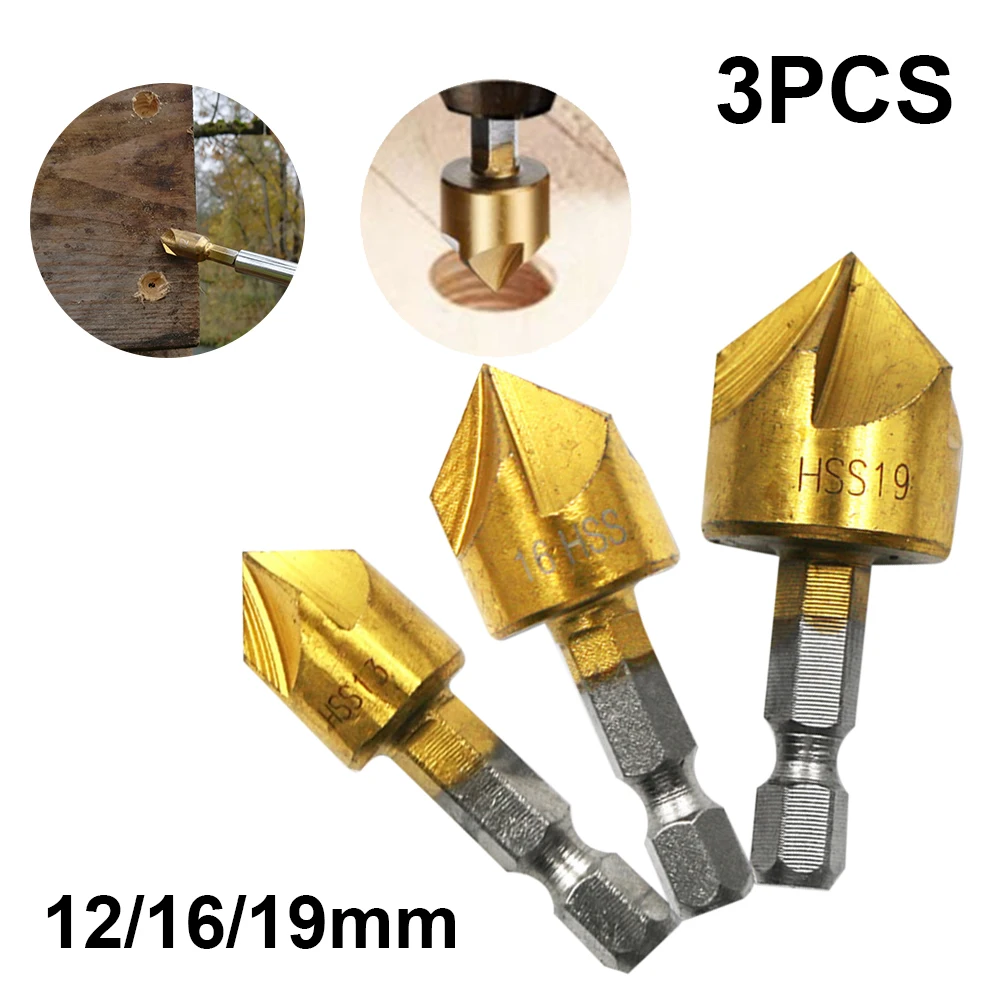 

3PCS 5-slot Chamfering Counter Drill Bit 1/4" Hexagon Shank HSS 90 Degree Wood Chamfering Knife 12/16/19mm s Hole Drill Bit