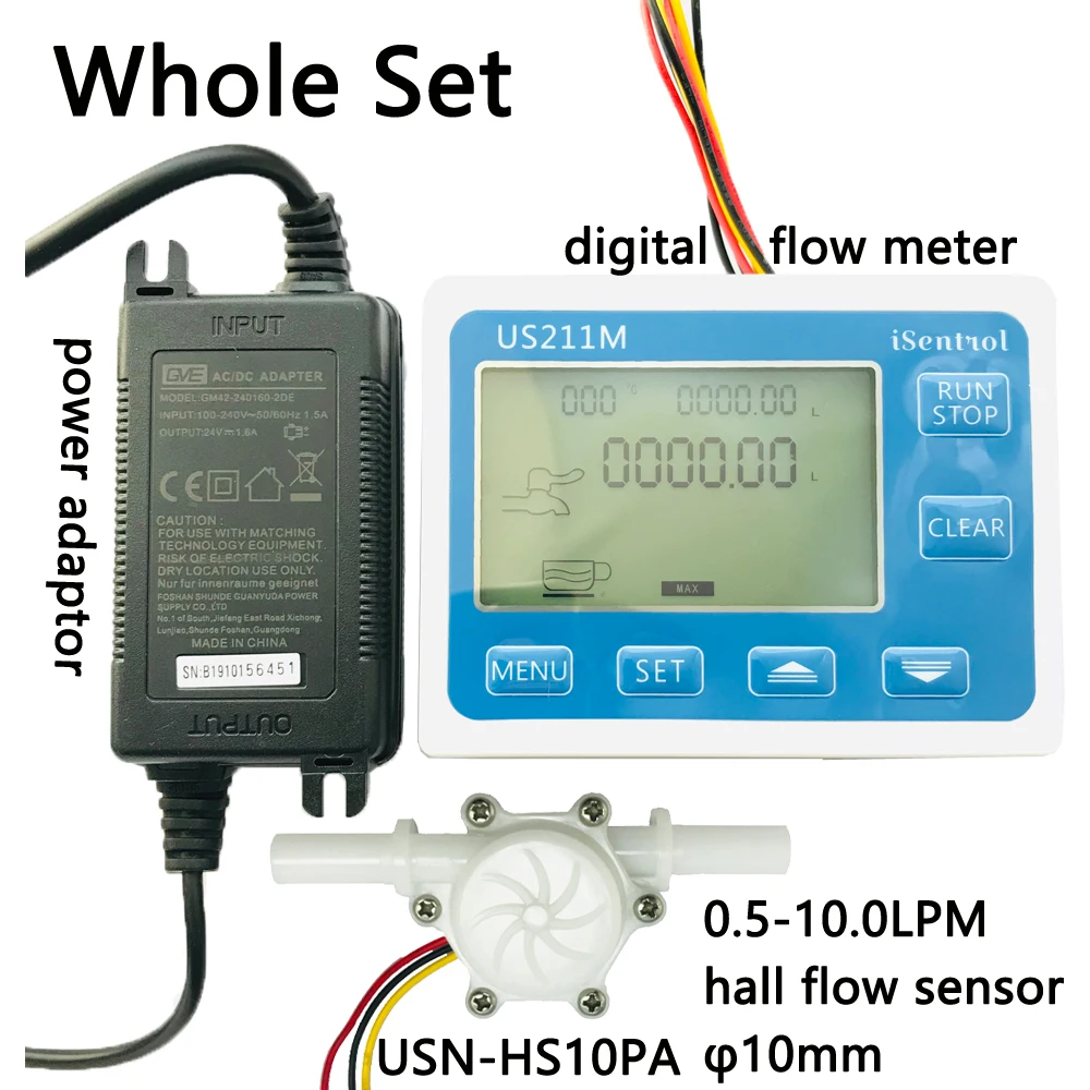 

US211M Flow Meter Display with USN-HS10PA 0.5-10L/min Hall Flow Sensor Measurement LPM Range 10mm OD quick plug iSentrol Saier