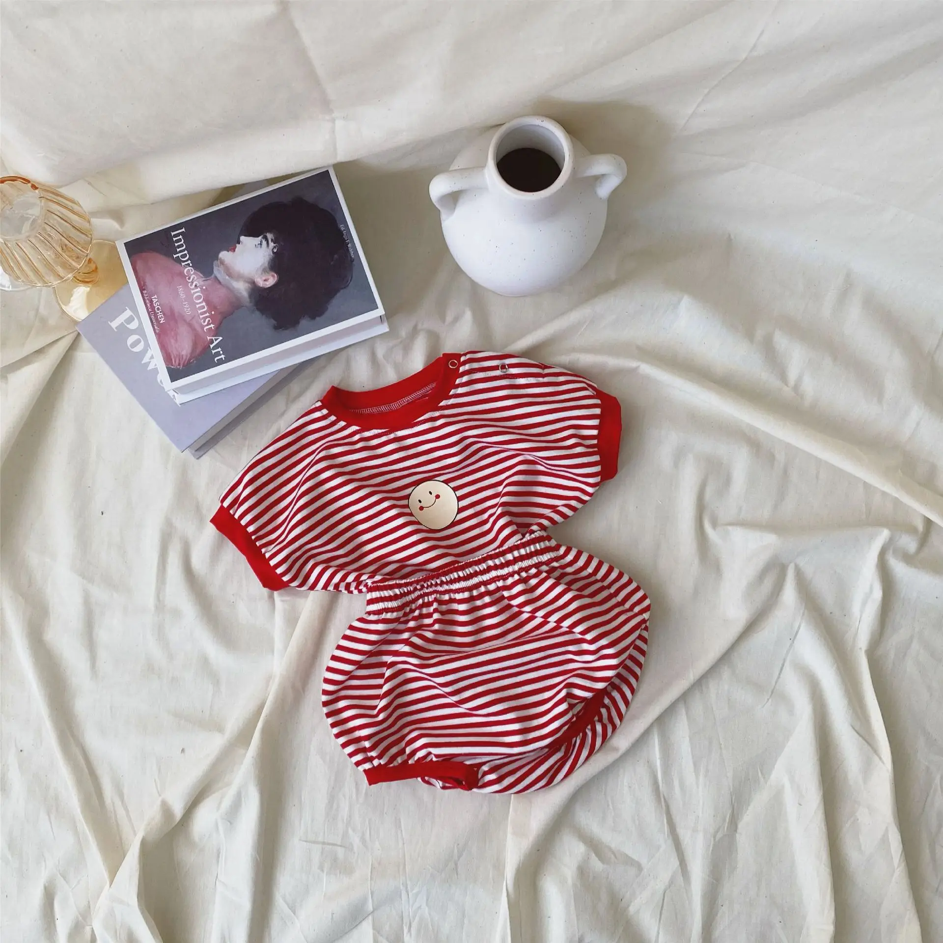 

2021 Summer Korean Baby Short Sleeve Set boy and girl Stripe Sleeveless Cartoon and Shorts 2 sets