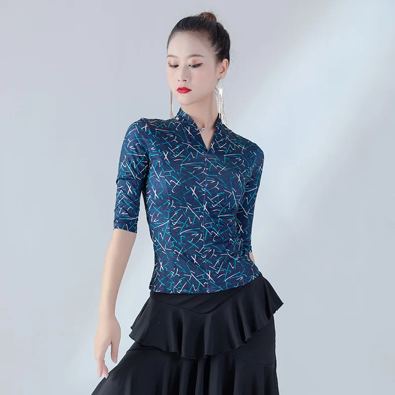 

New Adult Fashion Latin Dance Tops Women Long Sleeve Dancing Practice Shirt Sexy Women Ballroom Cha Cha Samba Printing Dancewear