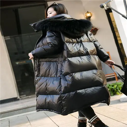 2019 Fashion Women Winter Down Jacket Chic Big Fur Warm Ultra Light Long Coat Female Parka Hooded Woman Glossy Jackets Oversized