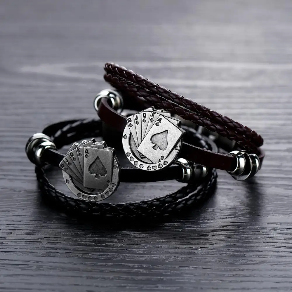 Lucky Vintage Men's Leather Bracelet Playing Cards Raja Vegas Charm Multilayer Braided Women Pulseira Masculina | Украшения и