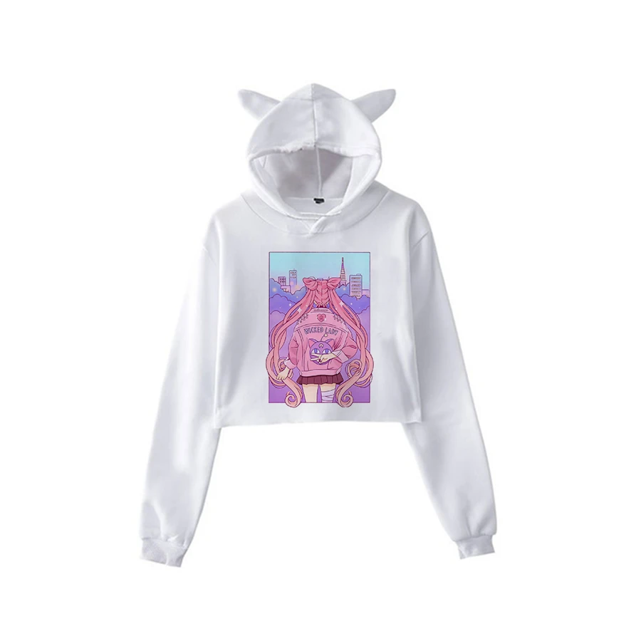 Сейлор Мун Харадзюку Толстовка корейский стиль ulzzang kawaii 90s мультфильм одежда пуловеры новые негабаритные с капюшоном уличная - Цвет: white505