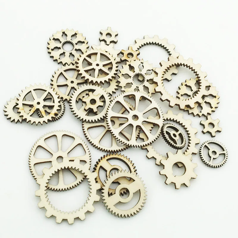 20PCS 15-40mm Mixed Wheel Gear Pattern Natrual Wooden Scrapbooking Hollow Craft Round Random For Handmade Home Decoration WD0186 - купить по