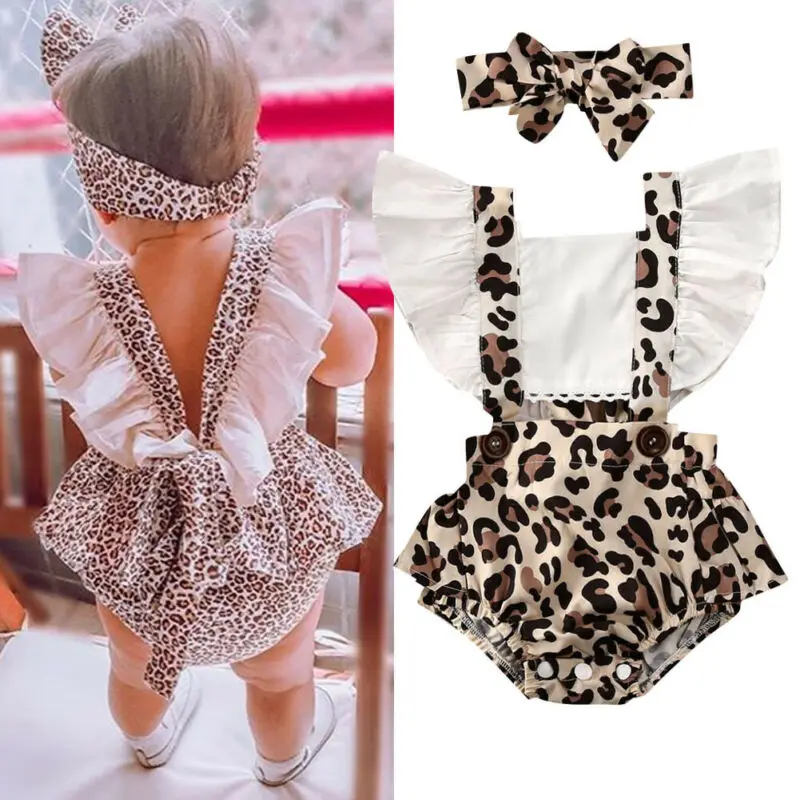 

Fashion Newborn Baby Girl Clothes Leopard Ruffle Sleeve Square Collar Jumpsuit Romper Bodysuit Bowknot Headband Outfits Summer