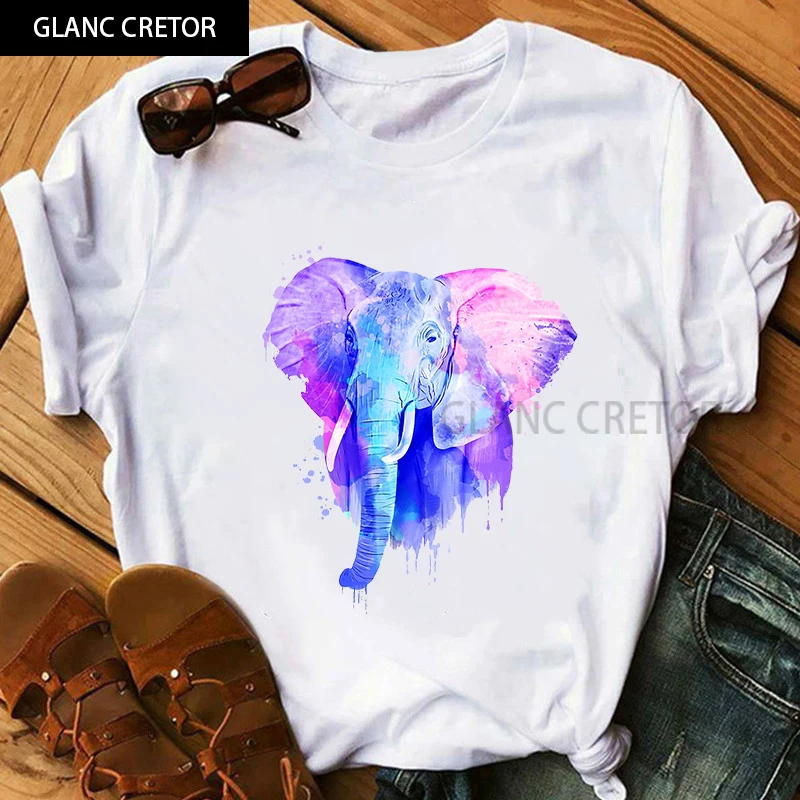 

Harajuku kawaii casual short sleeve Summer Watercolor Elephant print tshirt women o neck tee tops female cartoon animal t shirt_