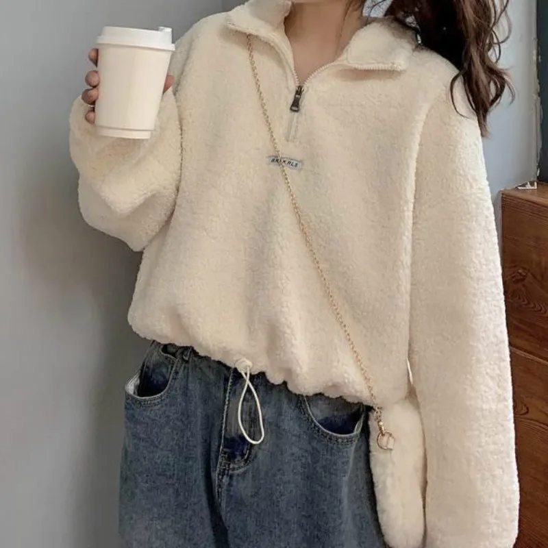 

Women Autumn Hoodies Lamb Velvet Short Hooded Long Sleeve Sweatshirt Winter Female Fashion Loose Plus Velvet Thick Solid Tops