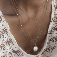 gold color multilayer chain collars chokers party jewelry fashion simple imitation pearl metal beads pendant necklace for women