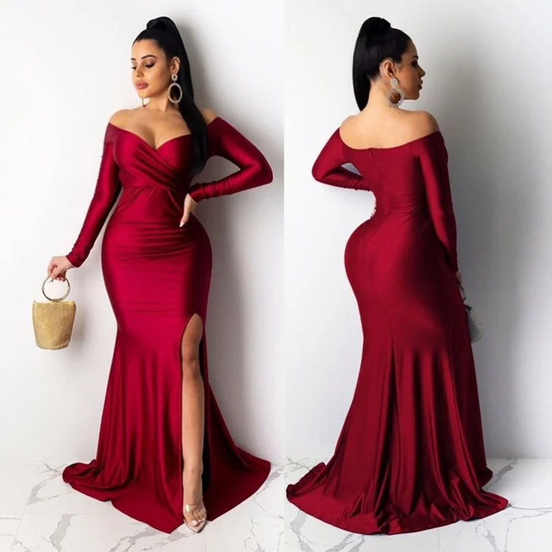 

Women Sexy Dresses Party Dress V Neck Classic Sexy Off Shoulder Long Sleeve Backless Long Slit Maxi Chic Charm Gown
