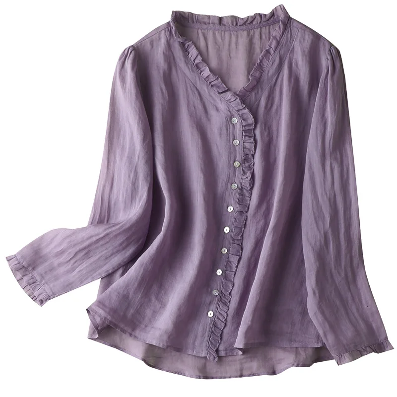 

Shuchan Ramie Ladies Tops 2021 Summer Prairie Chic Ruffles V-Neck Broadcloth Korean Fashion Purple Top Women Shirts Blouses