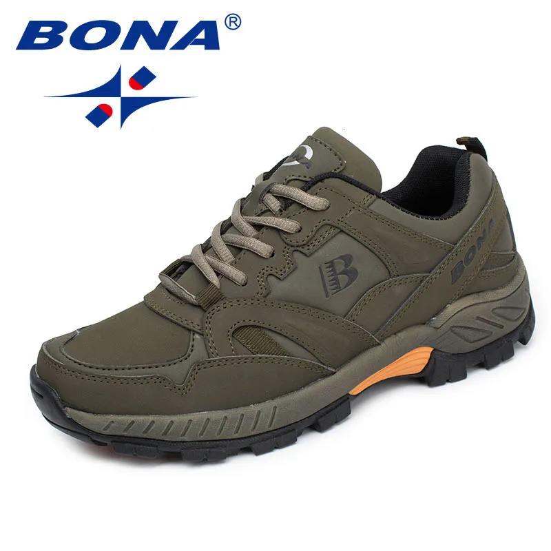 BONA Man Hiking Shoes Men Suede Breathable Lace Up Men Athletic Shoes Outdoor Jogging Sneakers Comfortable Soft Outdoor Sneakers - Цвет: AMRYGREEN